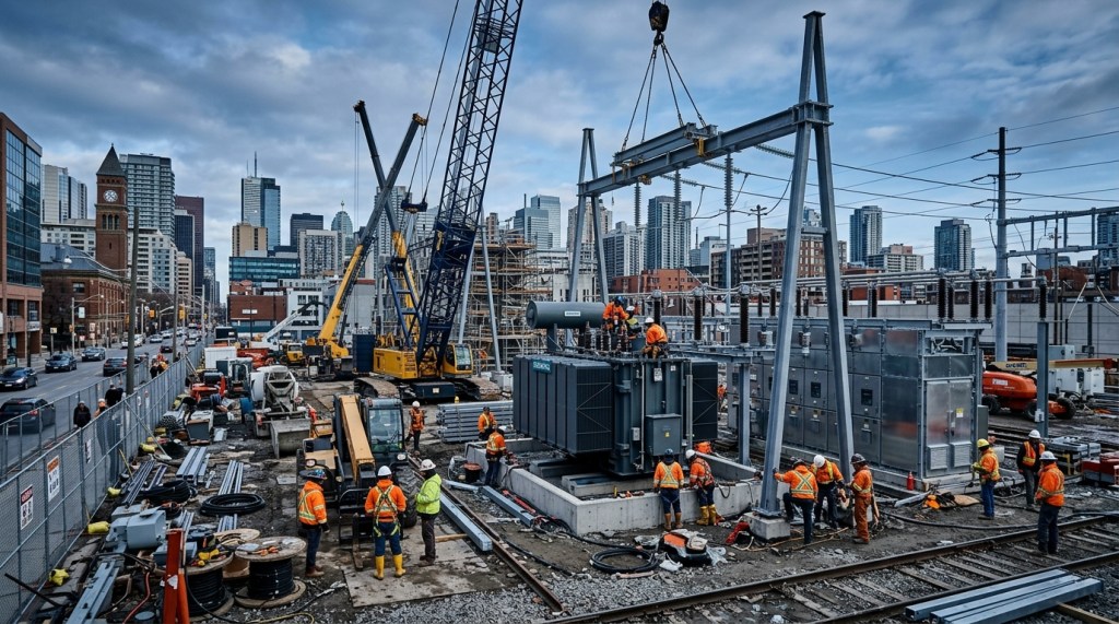 High voltage electrical substation under construction in an urban environment, representing the grid challenge of vertiport loads