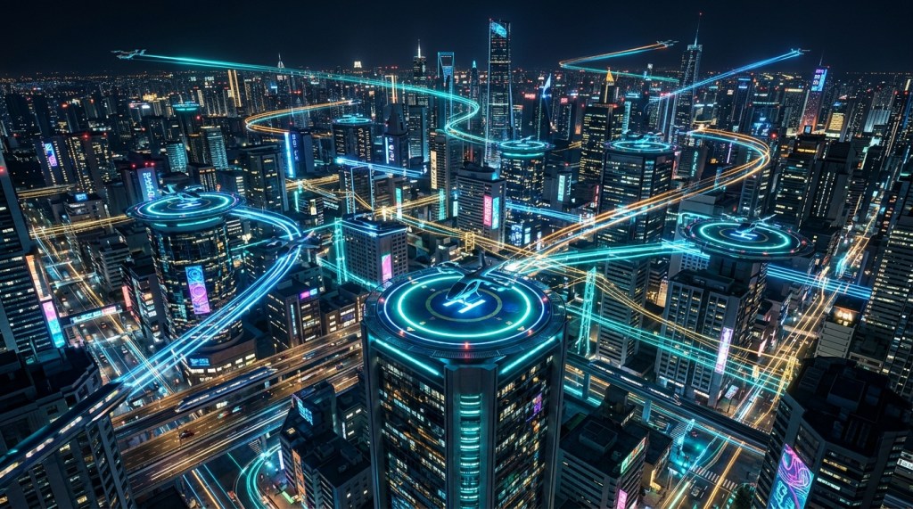 Futuristic city at night with multiple illuminated vertiports seamlessly integrated into the urban energy grid