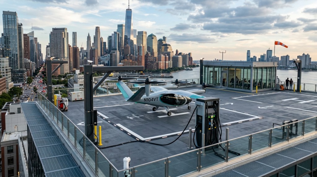 Modern vertiport facility rooftop landing pad with visible electrical charging infrastructure