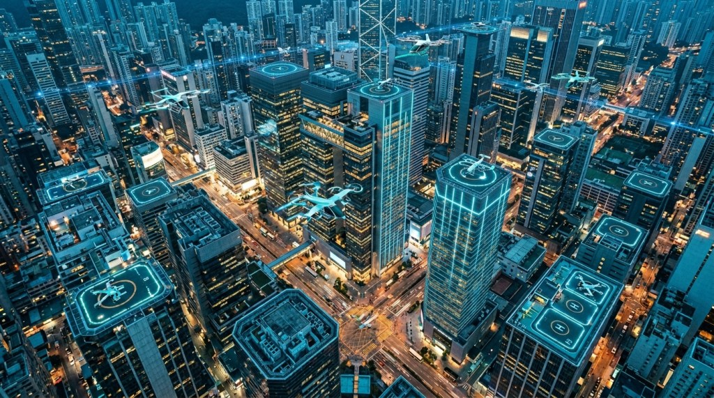 Aerial city view showing multiple rooftop vertiports integrated into a dense urban skyline